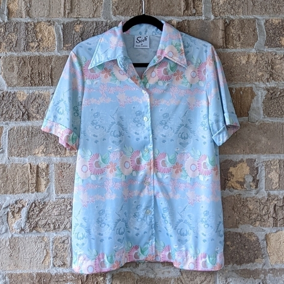 Vintage 1970s Sodi of Miami Florida Pastel Floral Blouse - Picture 7 of 7